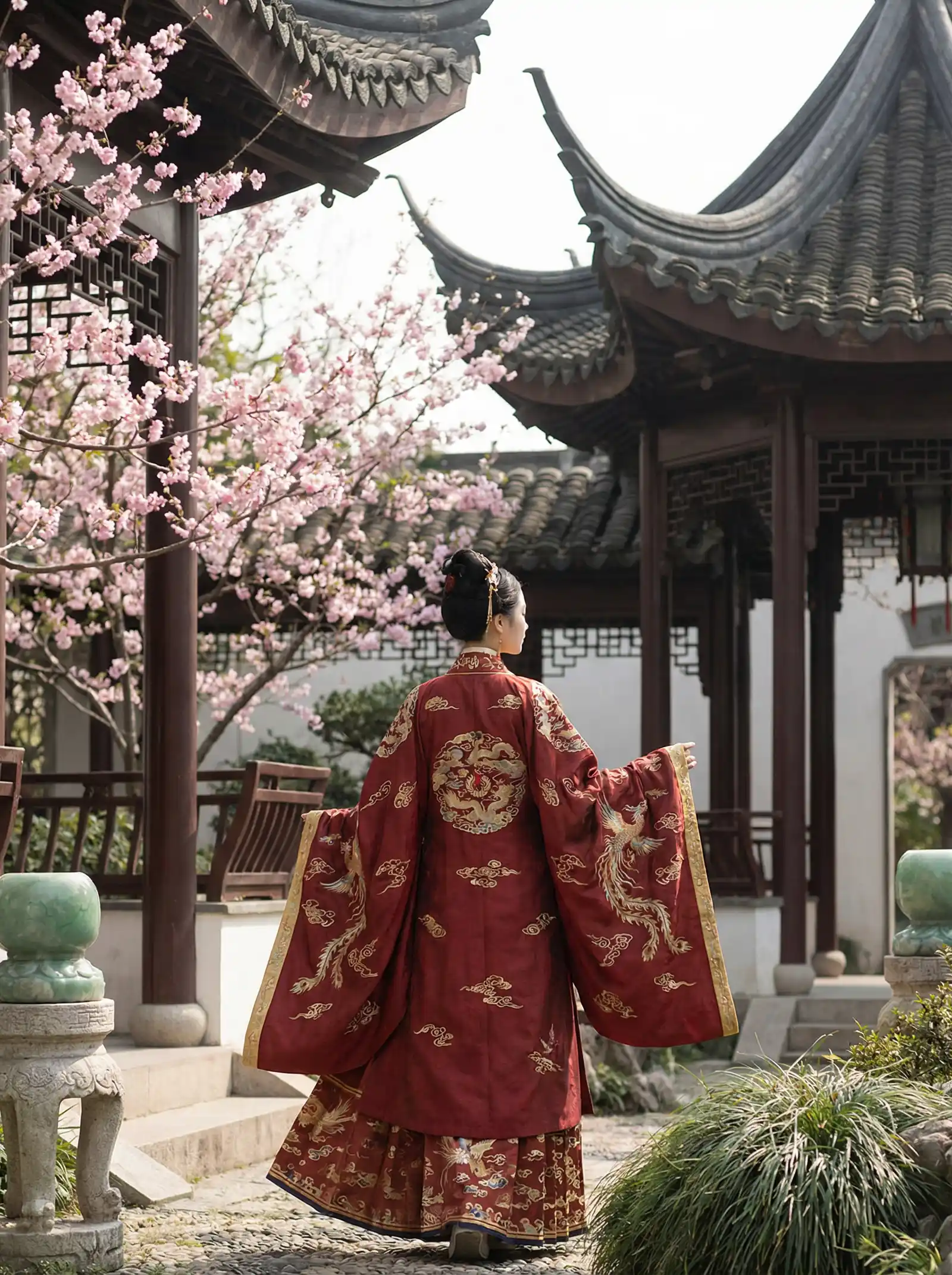 无处安放电影未删减在线观看 明制汉服红色凤凰刺绣